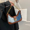 Brown denim women's shoulder bag with diamond chain detail and bucket shape
