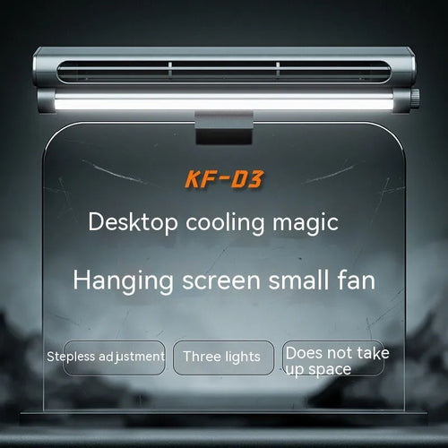 Black bladeless USB fan clipped onto a laptop screen, with an integrated lighting lamp.