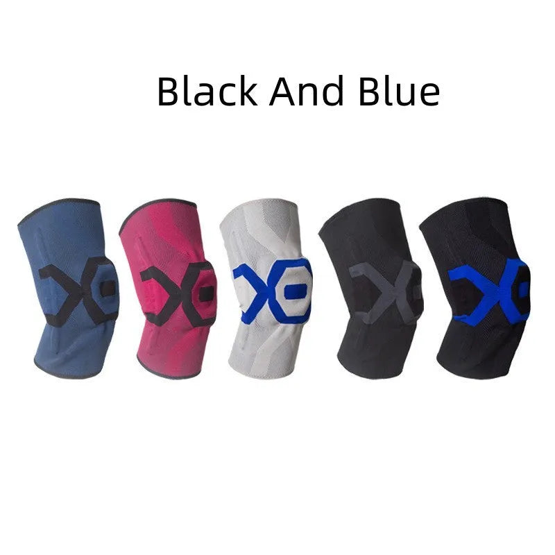 Men's silicone knee pads for sports in black and blue, shown from a front view.