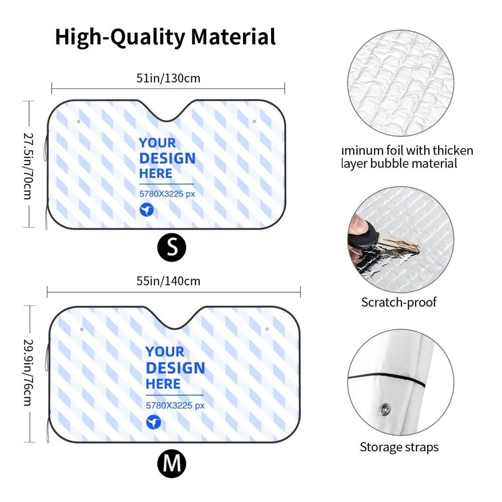Black stiff heat insulation car windshield sunshade with eagle print, polyester bubble aluminium film, foldable design with elastic band