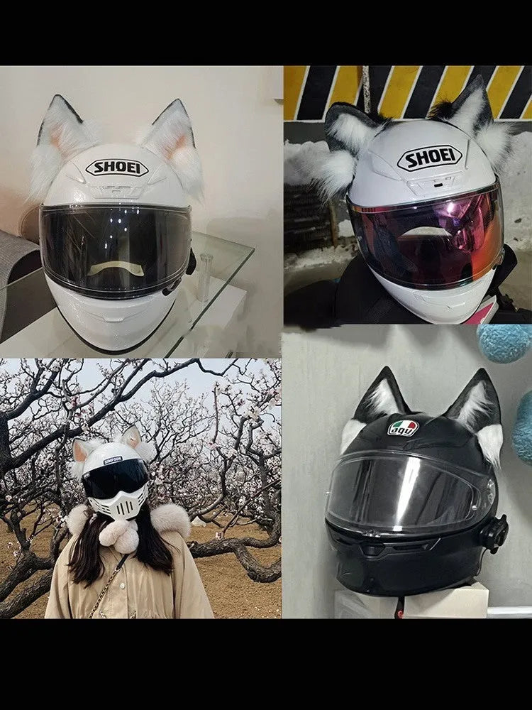Set of detachable animal ears and tail ornament for motorcycle helmet, shown in black and white wolf design.