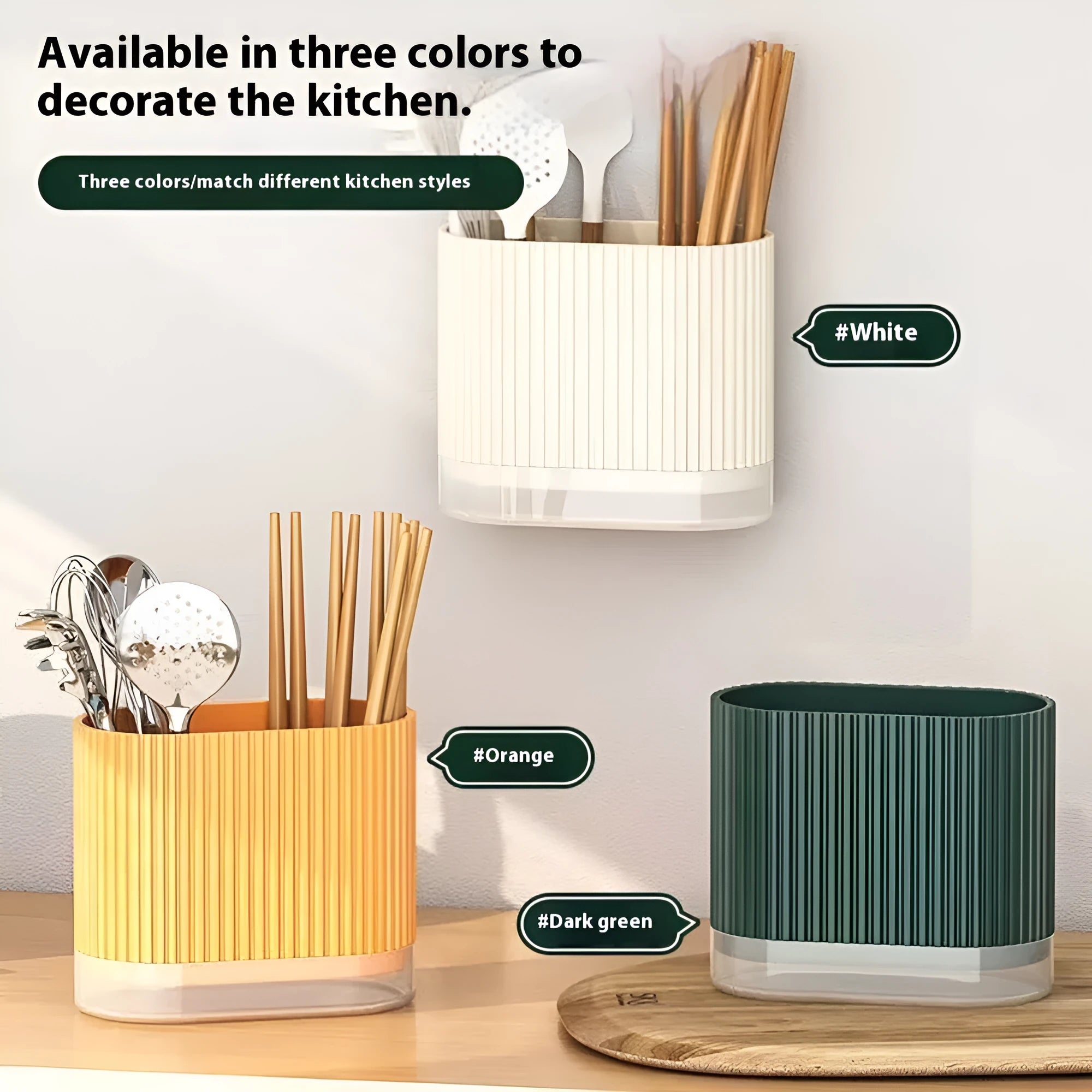 Modern plastic chopsticks tube holder mounted on kitchen wall holding utensils