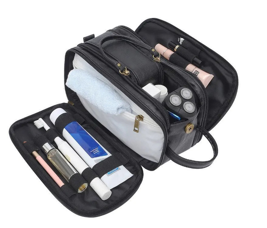 Black and brown solid colour men's PU toiletry travel bag.