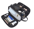 Black and brown solid colour men's PU toiletry travel bag.
