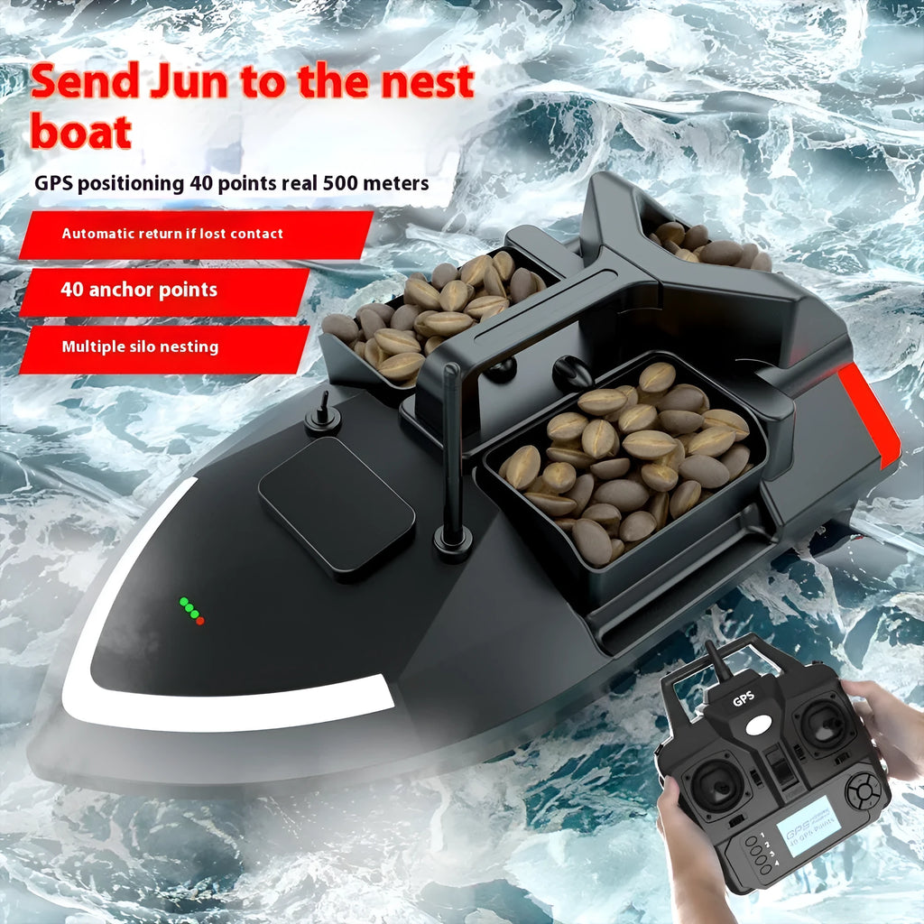 V020 GPS remote control fishing boat in luminous yellow on water, showing remote control unit and carry bag.