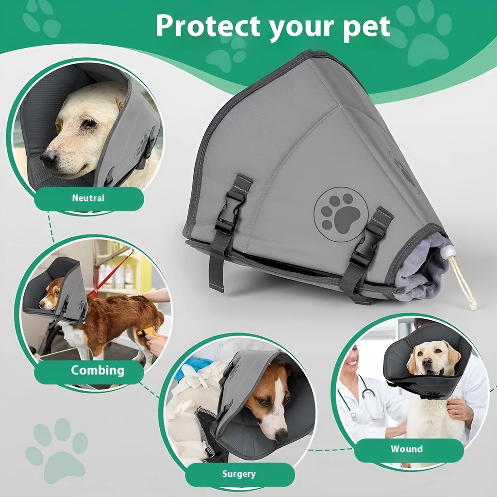 Soft adjustable polyester recovery collar for dogs and cats, shown in single-layer and double-layer styles.