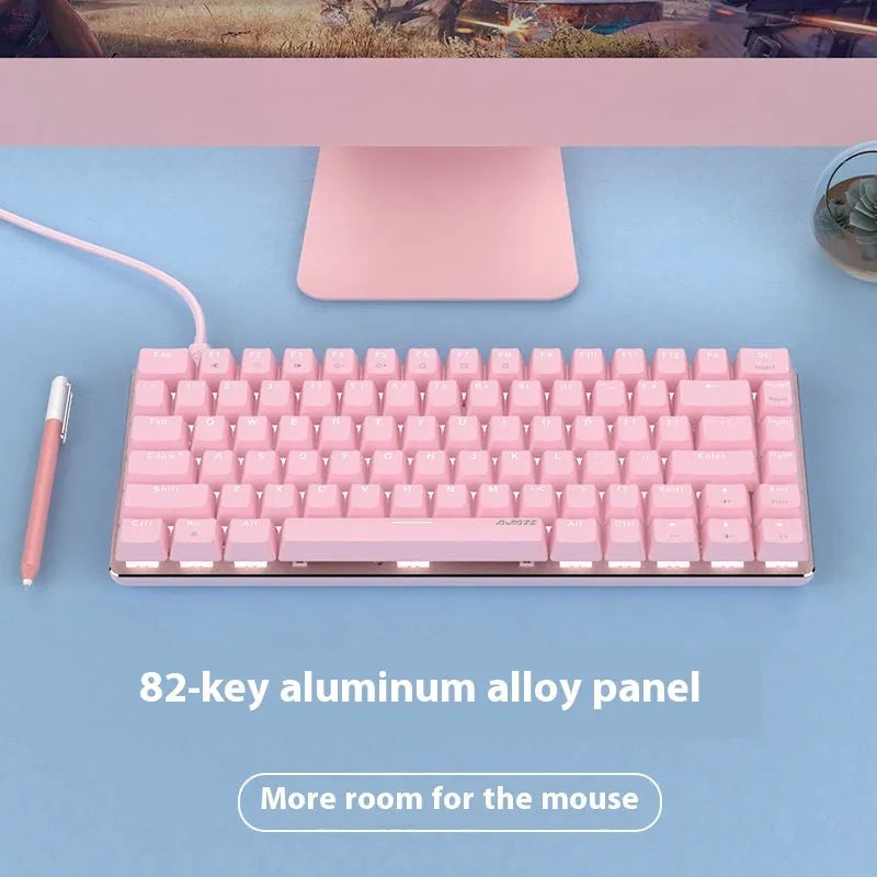 82-key mechanical keyboard with white backlight and metal construction showing red or green switch options
