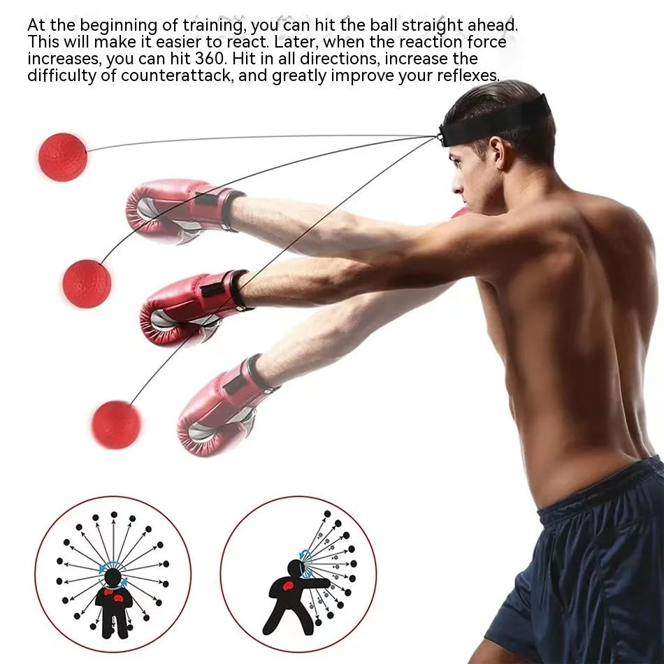 Head-mounted boxing reaction training ball set with PU balls, rubber ball and two headbands on a neutral background.