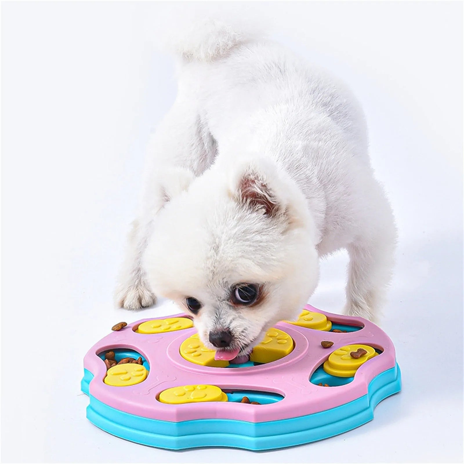 Blue and pink interactive dog puzzle feeder bowl for slowing fast eating and mental stimulation