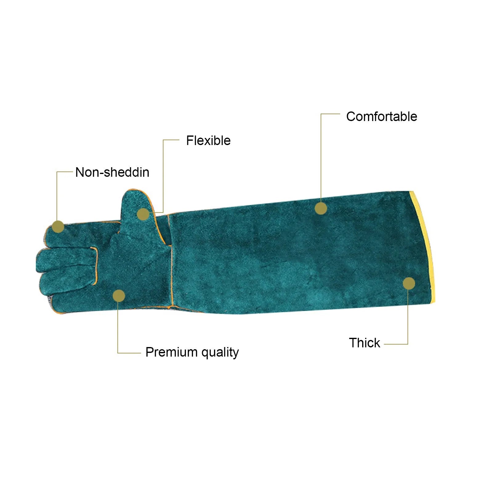 Dark green leather pet handling gloves with extended sleeve cuffs for animal bite protection