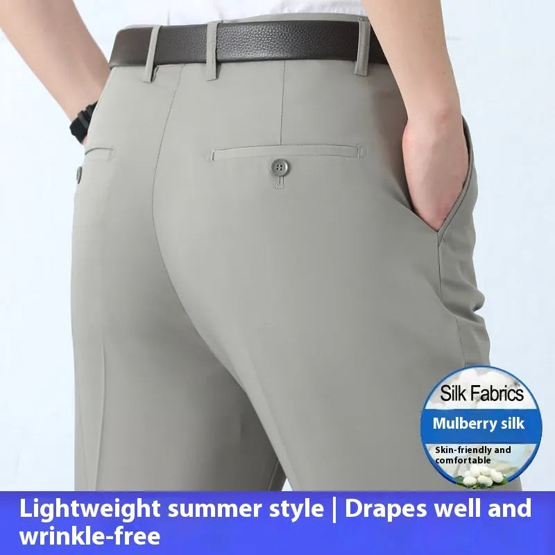 Men's straight-cut business trousers in dark blue with high waist and non-ironing construction