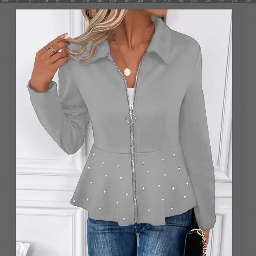 Women's black loose fit coat with beaded front zipper and ruffle hem detail, long sleeves