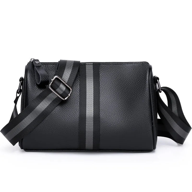 Black genuine leather crossbody bag showing 24x16x13cm dimensions with one-shoulder strap