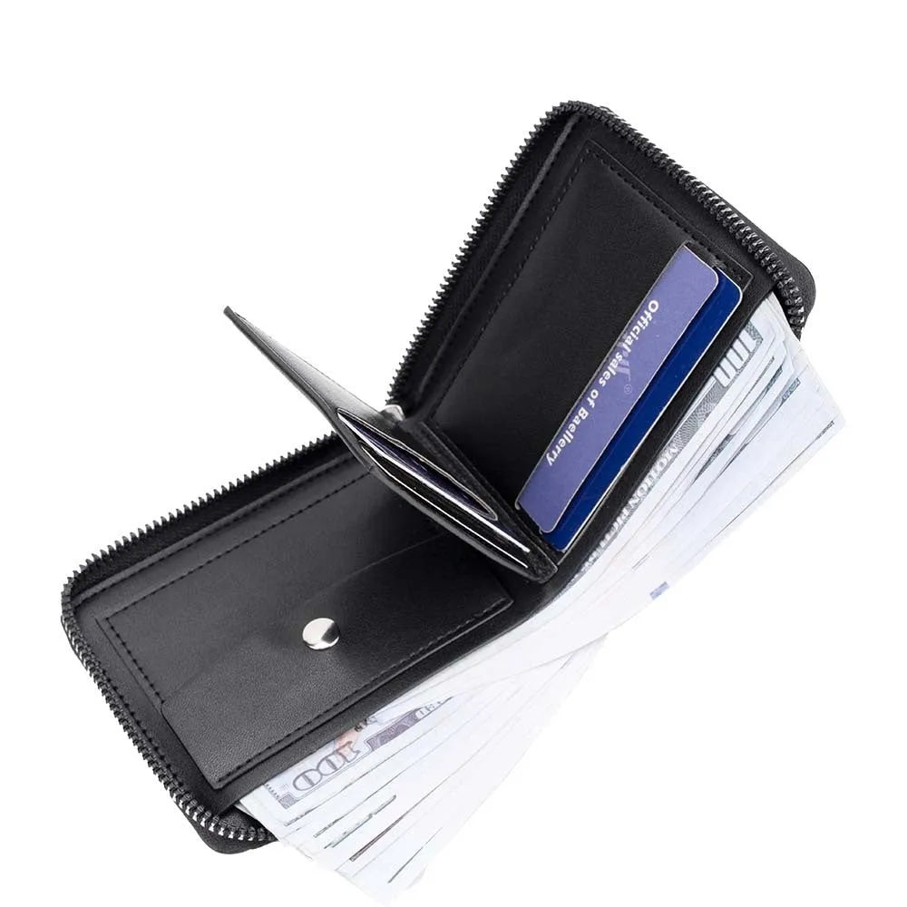 Leather anti-theft credit card zipper wallet with embossed design in black and brown colour options