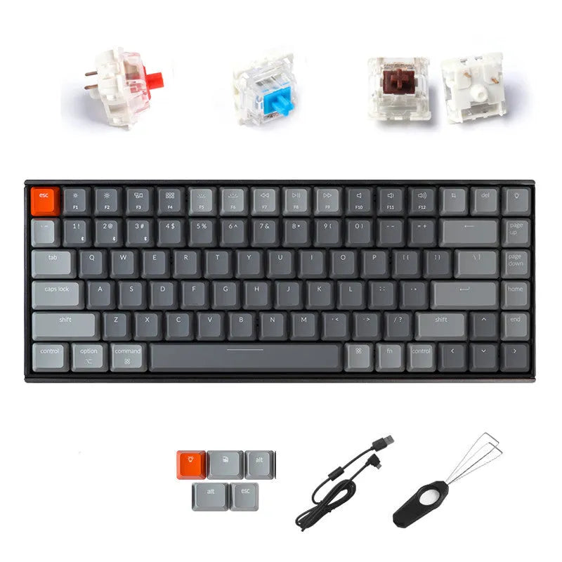 Grey 87-key mechanical keyboard with white backlight, plastic edge, USB Bluetooth Type-C connections