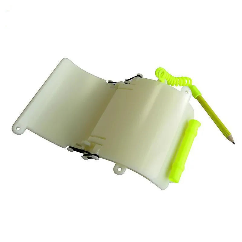 White luminous underwater writing wristboard for scuba divers with pencil and spare O-ring
