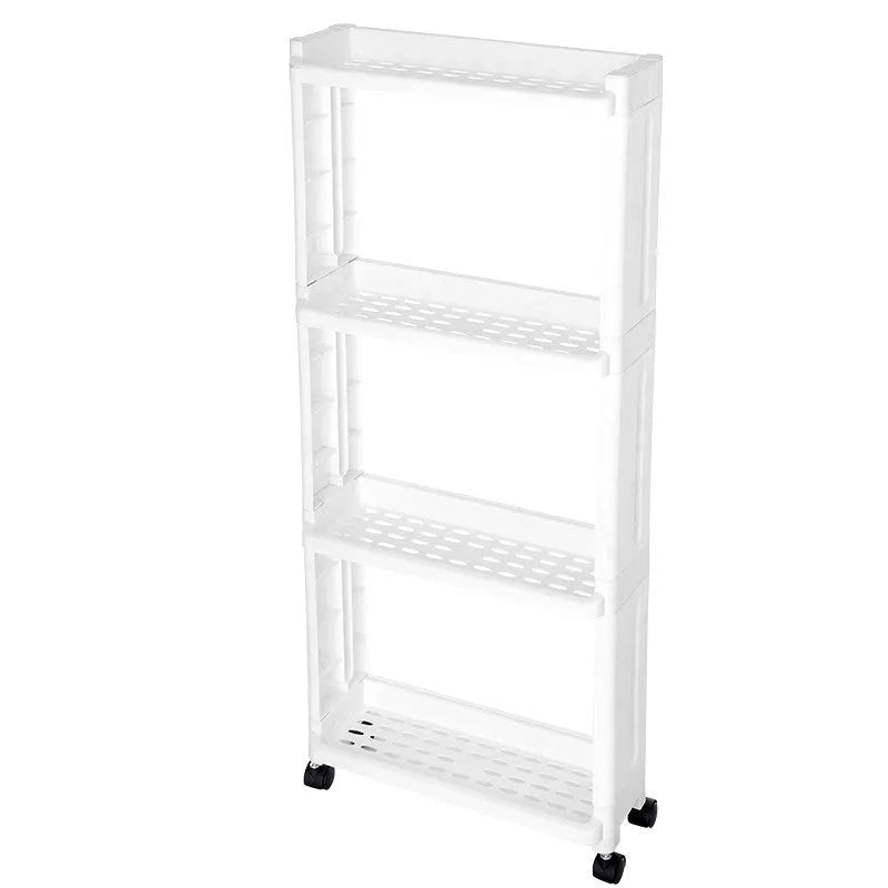 Plastic kitchen storage rack with wheels, multi-layer, narrow gap design, white colour