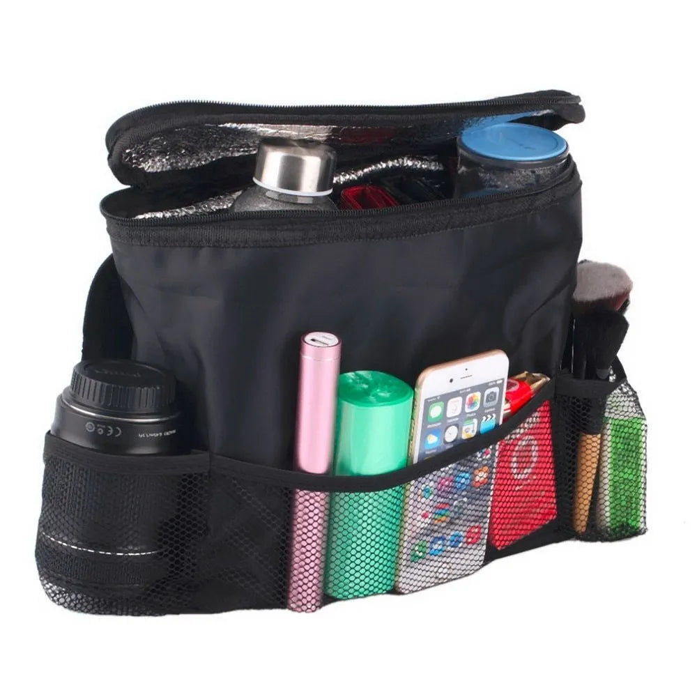 Black nylon multi-pocket car seat back organiser with adjustable straps measuring 28cm x 10cm x 22cm