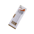Set of six watercolour acrylic paint brushes with wooden handles, showing different brush sizes from fine to broad.