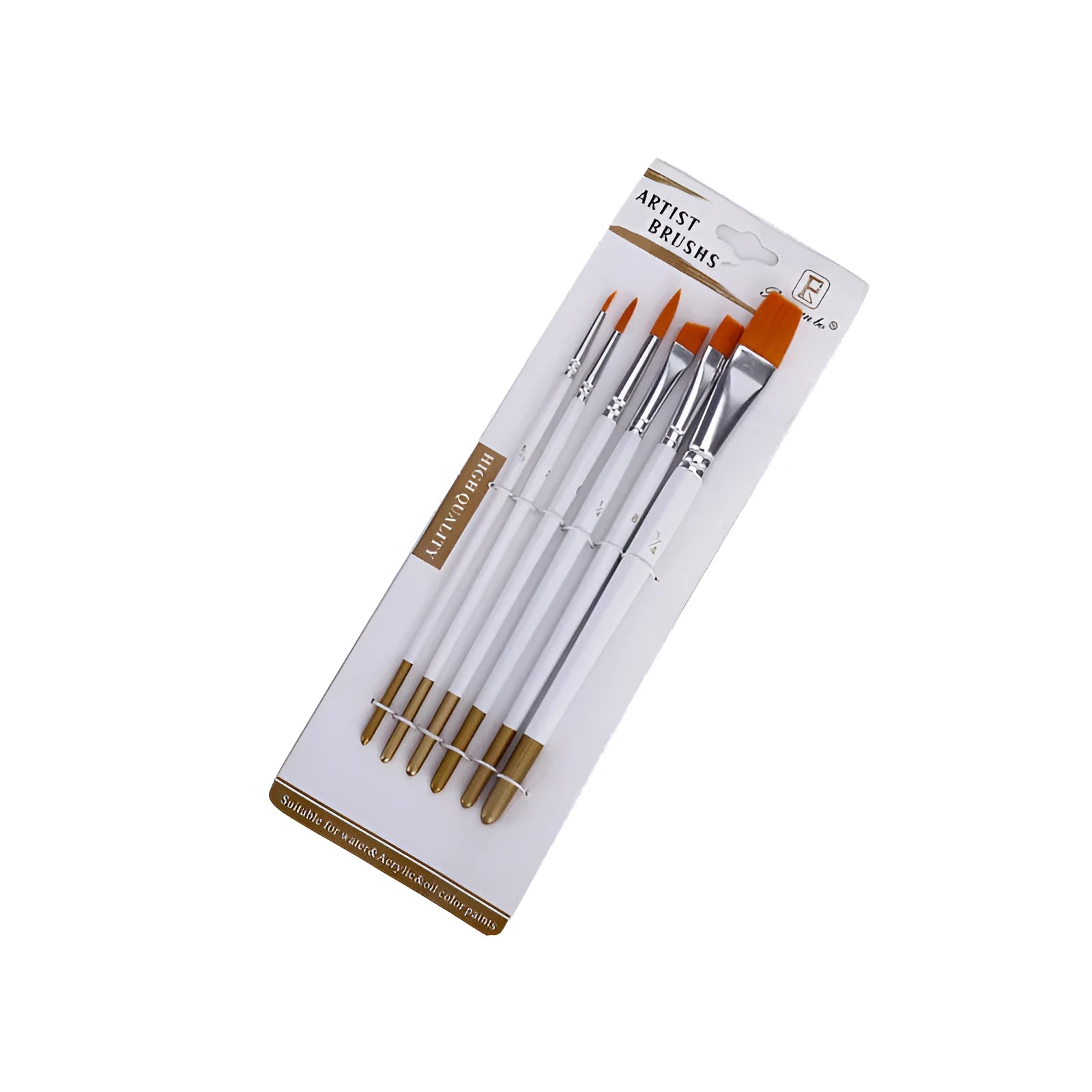 Set of six watercolour acrylic paint brushes with wooden handles, showing different brush sizes from fine to broad.