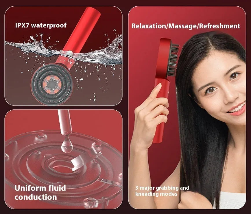Black or red household massage hair comb with red and blue lights, showing Type-C charging port and plastic body