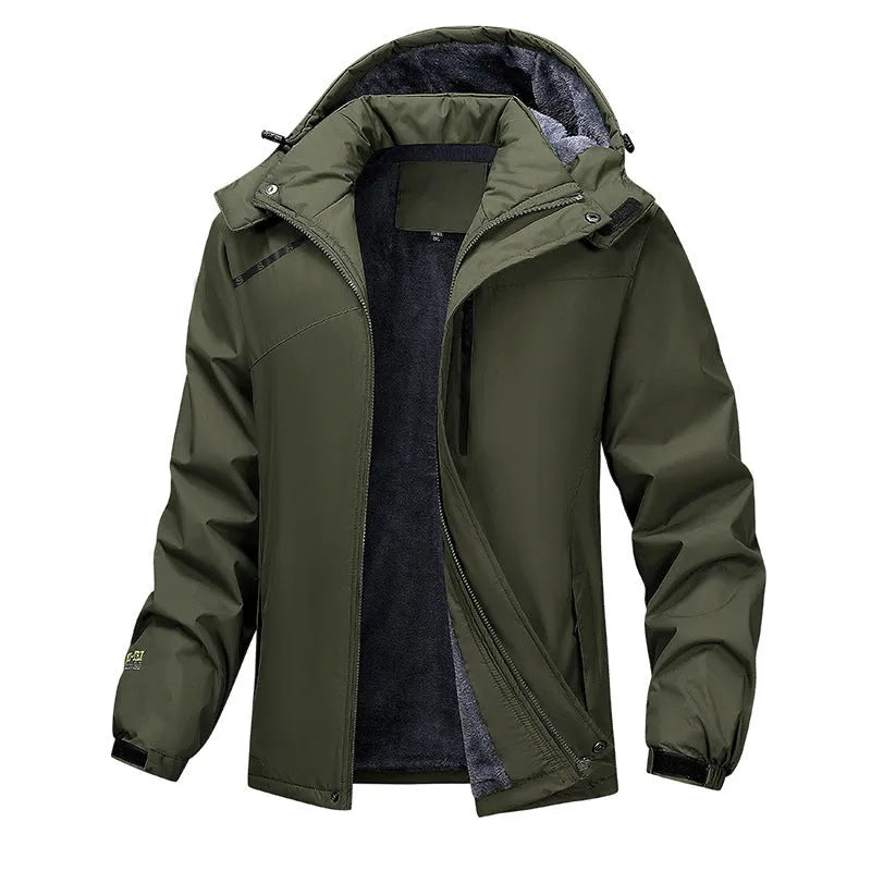 A plus-size man wearing a loose-fitting hooded coat in Army Green colour.