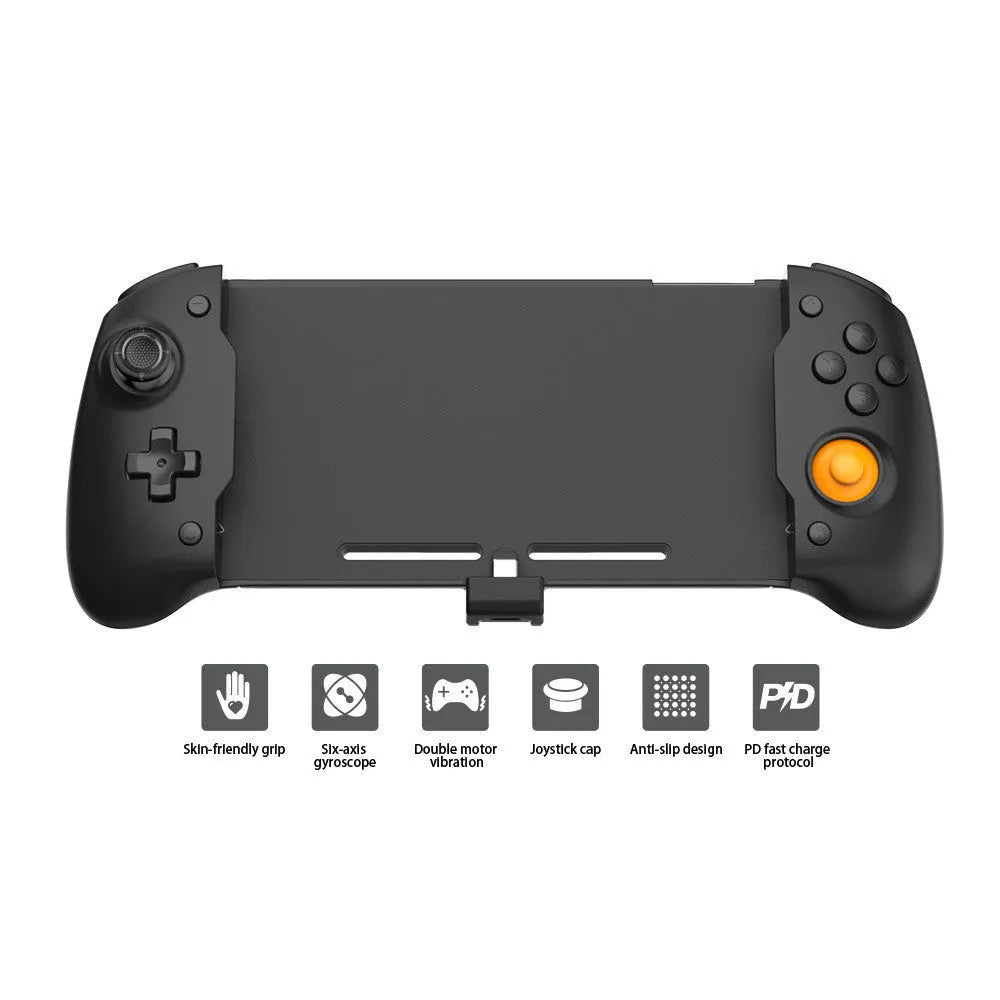 Black and white portable Nintendo Switch gamepad handle attached to console showing controls and Type-C port.