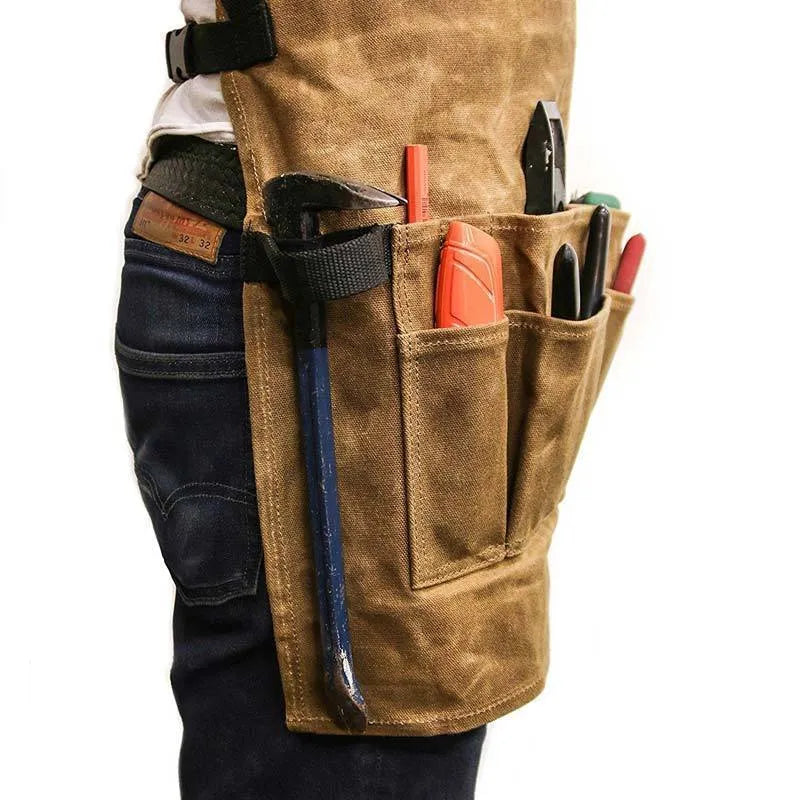 Yellow coated canvas leather webbing apron with adjustable straps for men and women, suitable for workshop and DIY tasks.