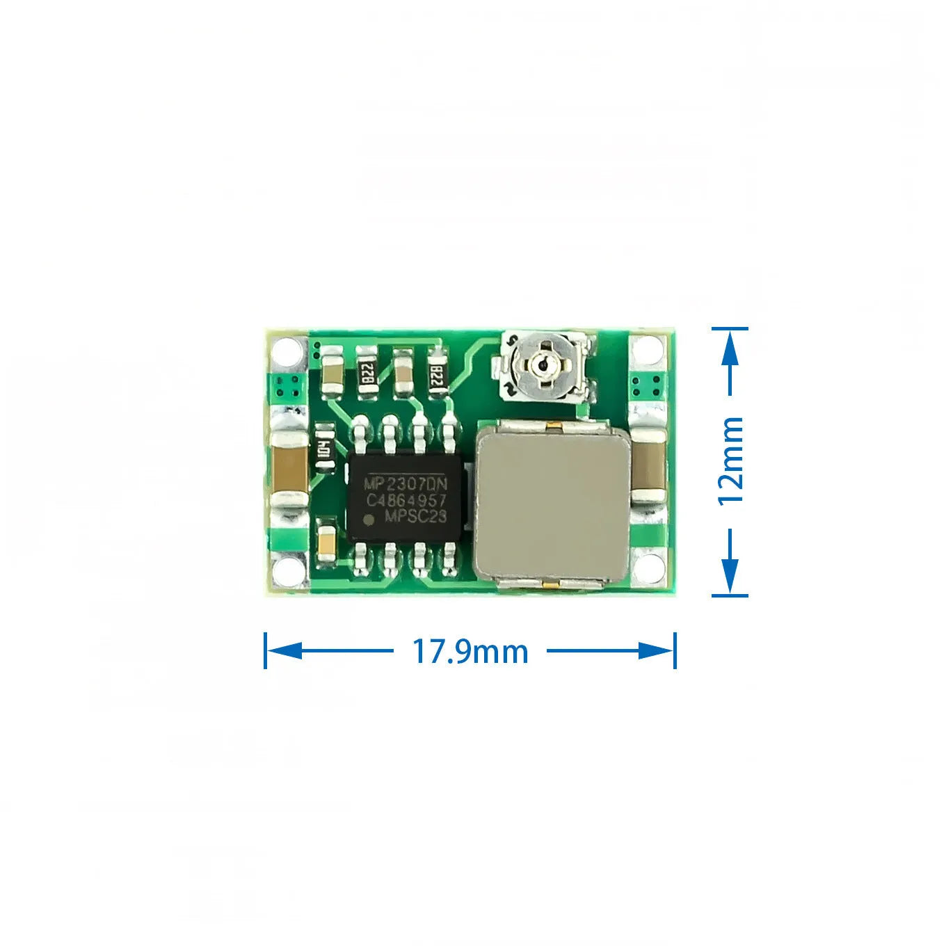 Mini-360 green DC-DC buck converter step-down power module on white background