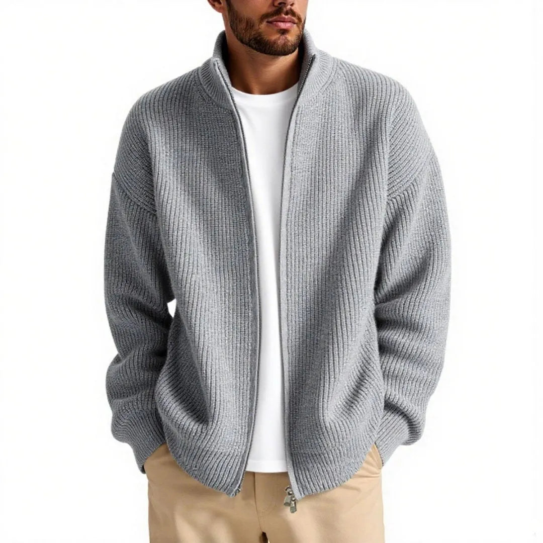 Men's loose fit cardigan sweater in acrylic blend fabric, shown in grey green colour.