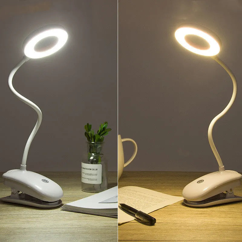 White rechargeable clip-on desk lamp with a modern plastic shade and touch switch