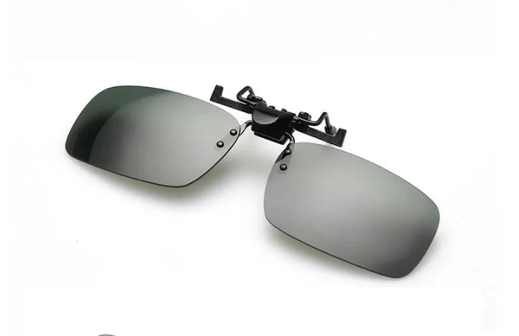 Plastic clip-on sunglasses overlay for prescription glasses, shown in large size with grey tinted lens.