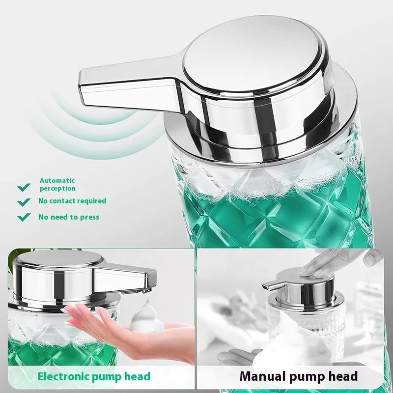 Silver automatic sensor soap dispenser with USB Type-C charging port on countertop.