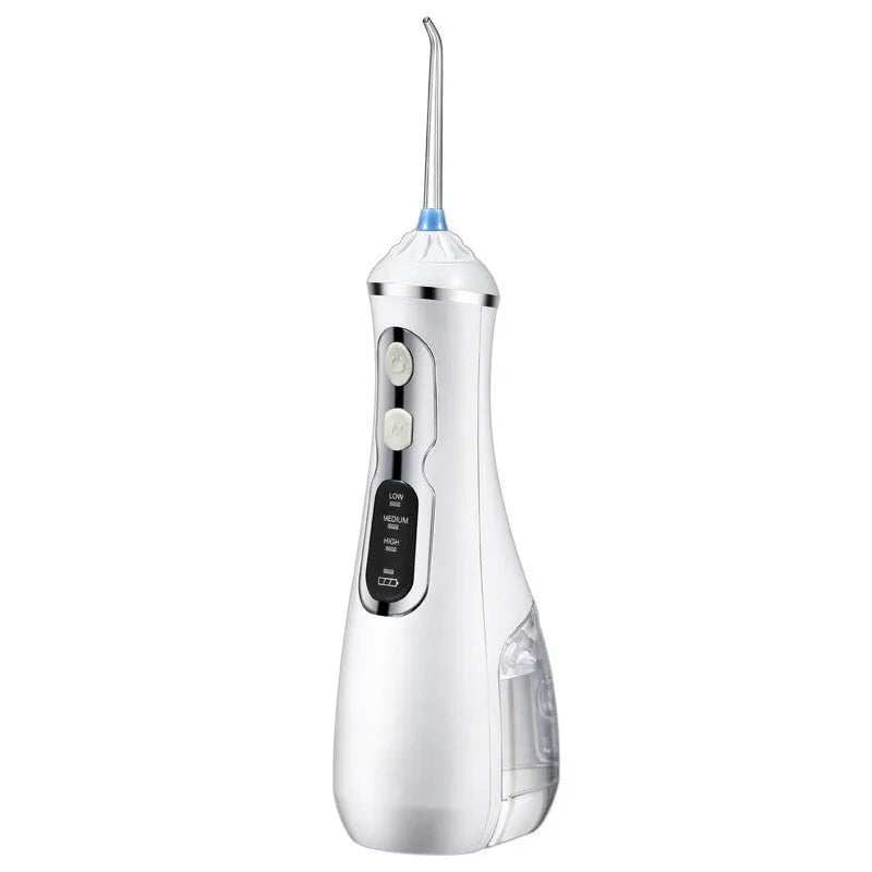Portable oral irrigator in black, pink, or white with USB cable and two nozzles.