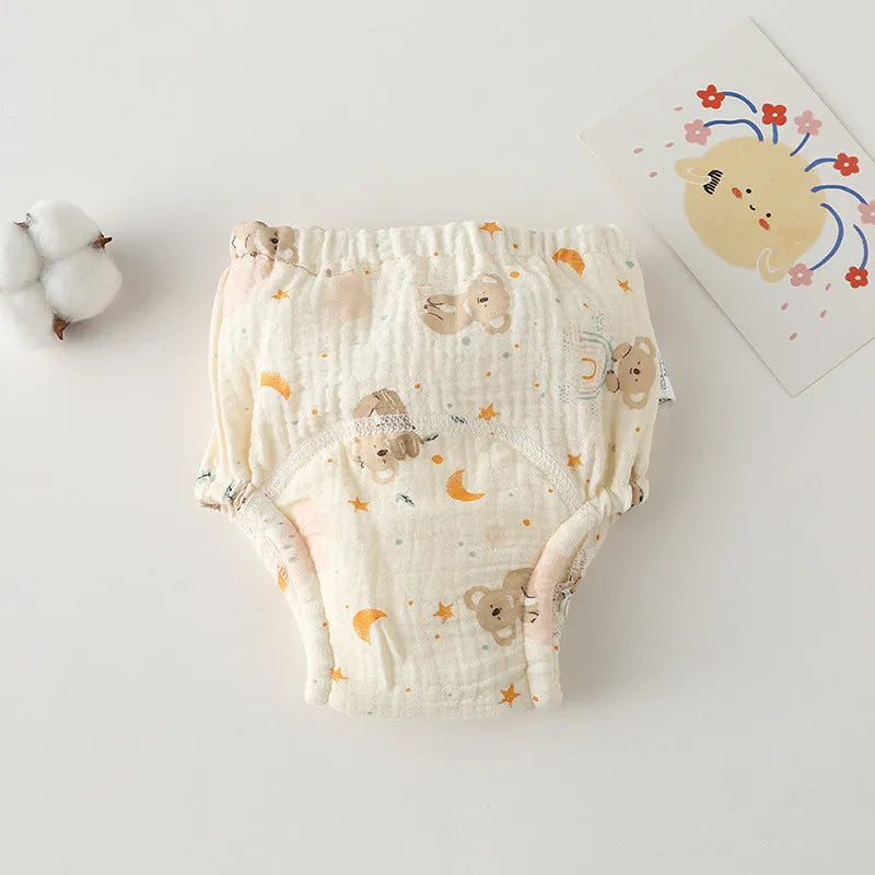 Pure cotton gauze baby training pants with waterproof layer, fun print, sizes 80-110 for potty training