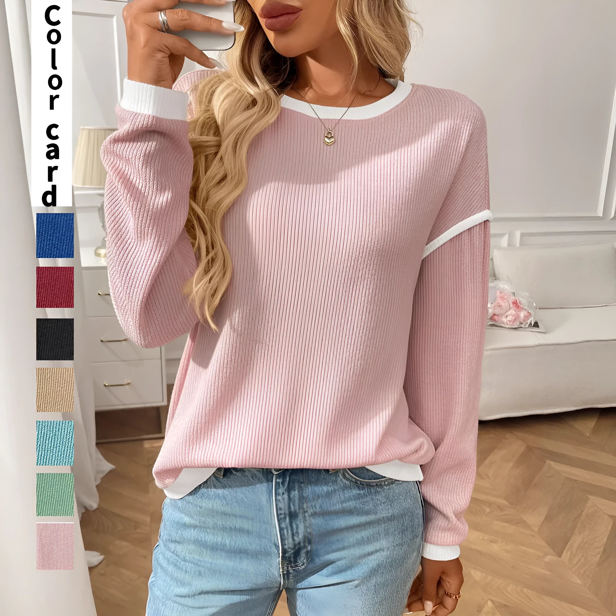Women's loose round neck long sleeve polyester top in multiple colour options