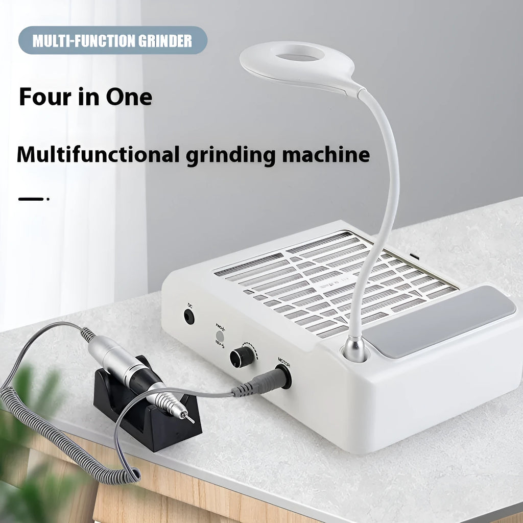 White four-in-one nail polishing machine with vacuum cleaner for salon and home nail treatments