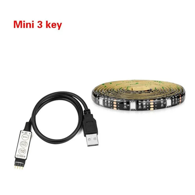 Flexible RGB LED light strip bent into shape, showing individual LEDs and adhesive backing.
