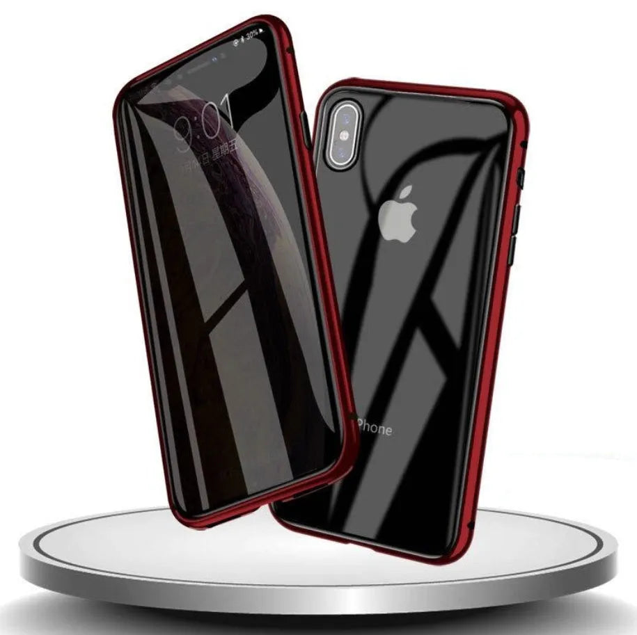 Glass anti-spy clamshell phone case for iPhone in a solid colour on a table.