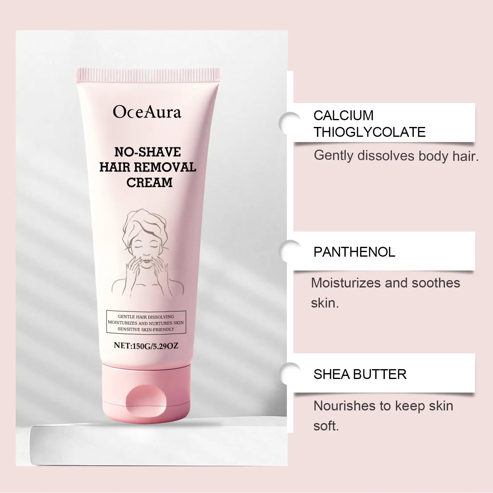 Tube of body depilatory cream 150g with gentle formula containing shea butter
