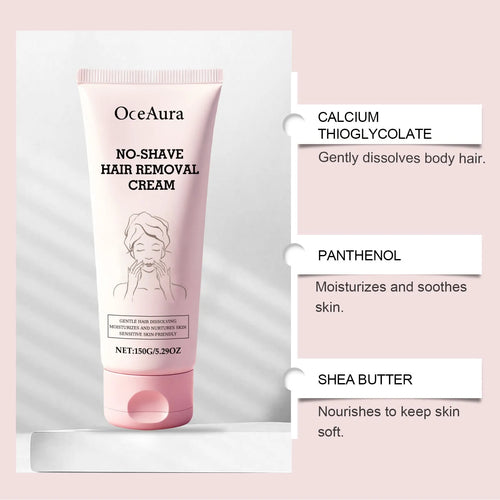 Tube of body depilatory cream 150g with gentle formula containing shea butter