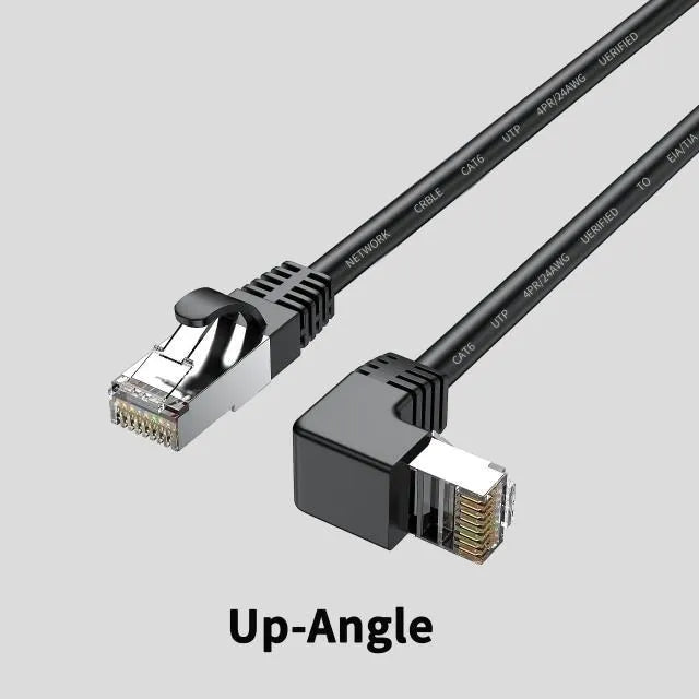 Cat6 Ethernet cable with right-angle metal RJ45 connector in black, available in multiple lengths