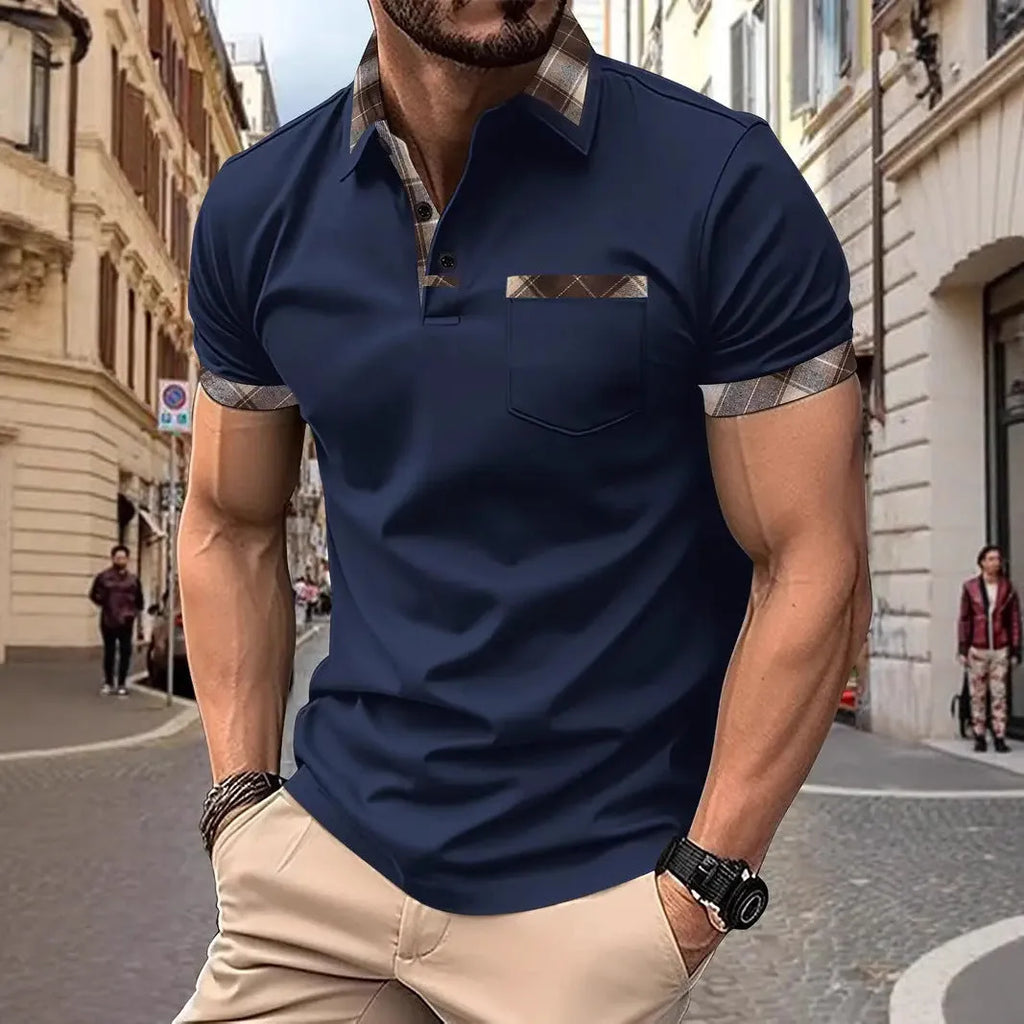 Men's loose fit plaid colourblock short sleeve t-shirt with zipper details on a neutral background.