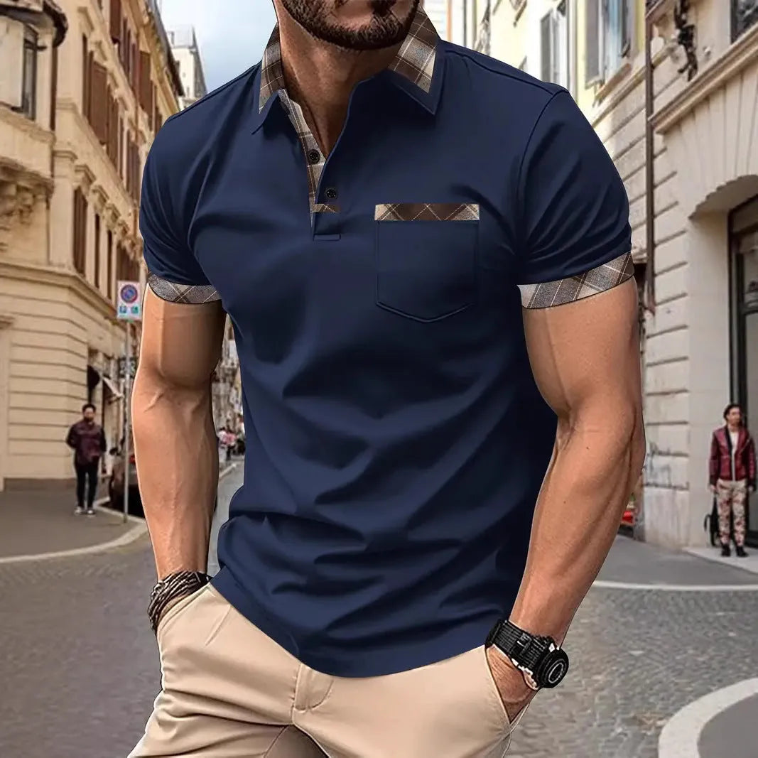 Men's loose fit plaid colourblock short sleeve t-shirt with zipper details on a neutral background.