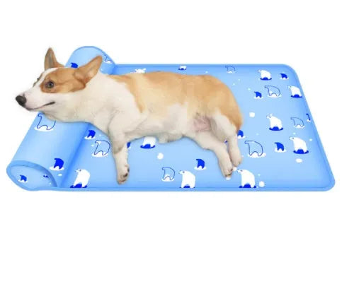 Blue running duck print cooling dog mat with raised pillow on non-slip waterproof fabric backing