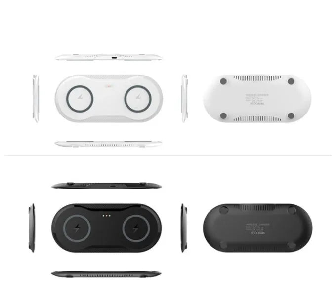 Black and white dual wireless charging pad charging two smartphones simultaneously