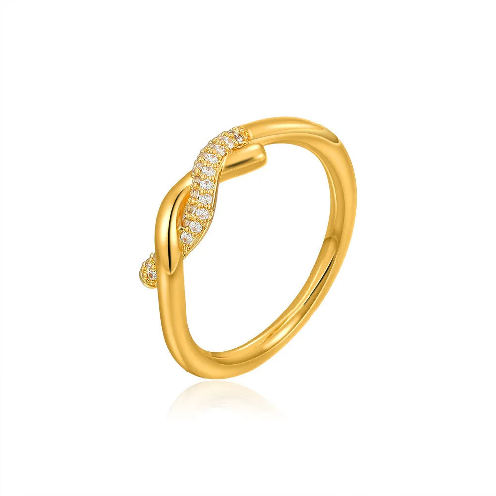 Knotted zircon ring with micro inlaid detail, copper electroplated wave bow design, unisex sizes 6 7 8