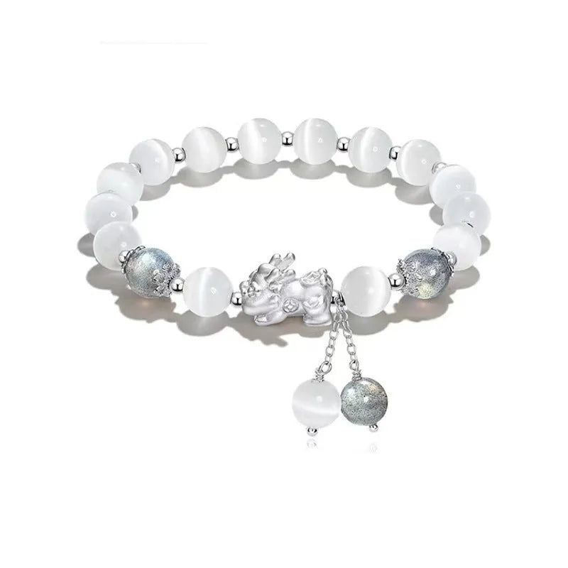 Natural black agate crystal couple bracelet with 10mm wave beads and grey opal accents