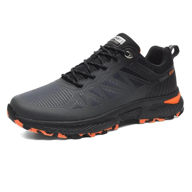 Men's black breathable mesh running shoe with lace-up front and round toe, shown on a white background.