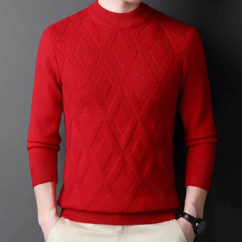 Men's thick diamond jacquard winter sweater in light camel colour, pullover style